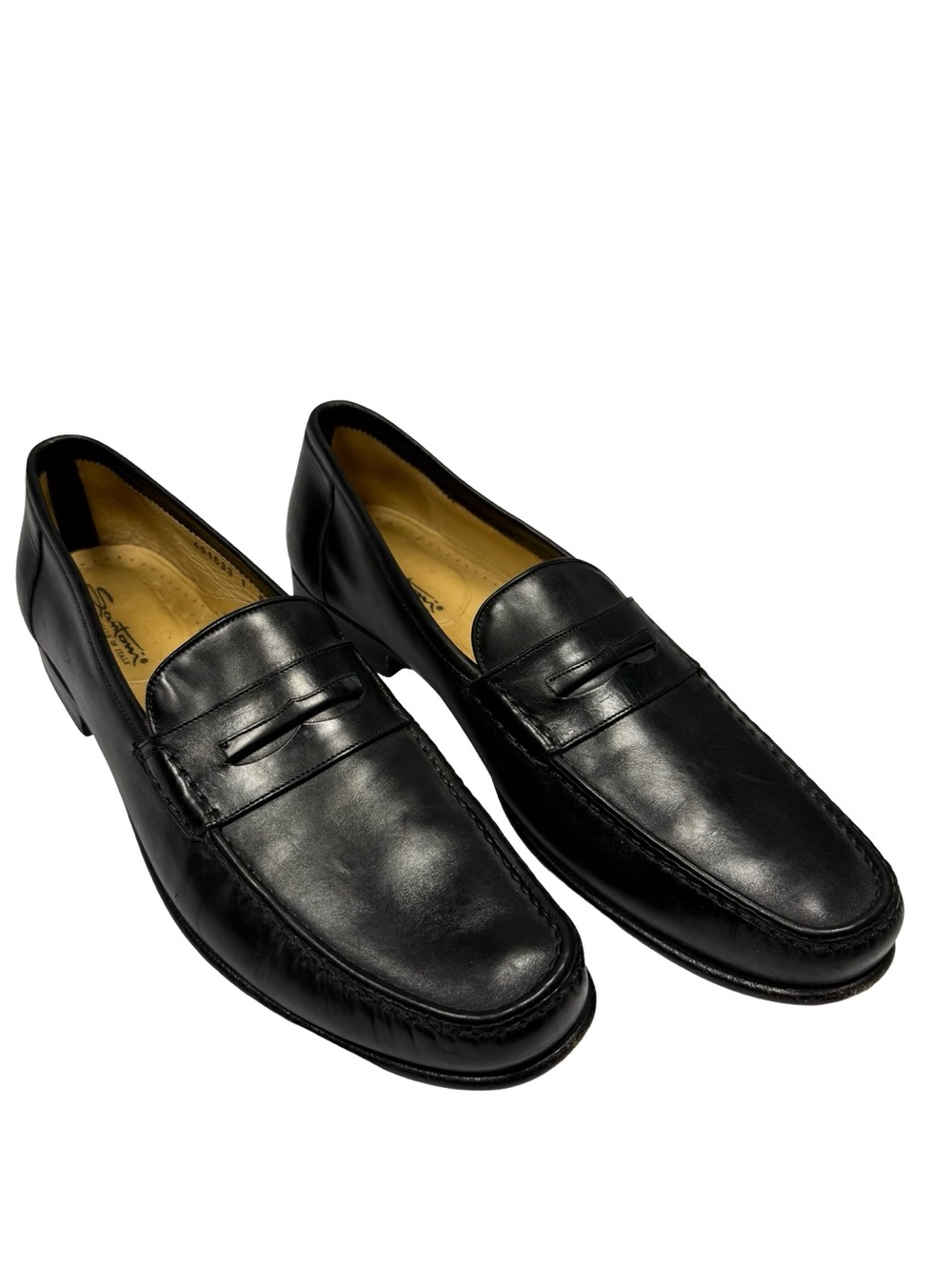 Santoni Mens 12 B Black Leather Penny Loafers Quiet Luxury Dress Shoes Business